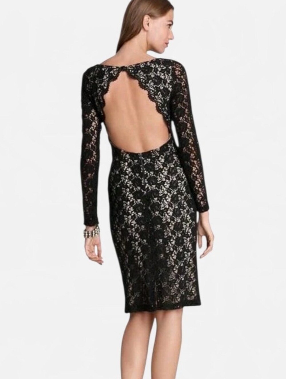 Alice + Olivia Black Lace Dani Open Back Midi Cocktail Dress LBD Size 4